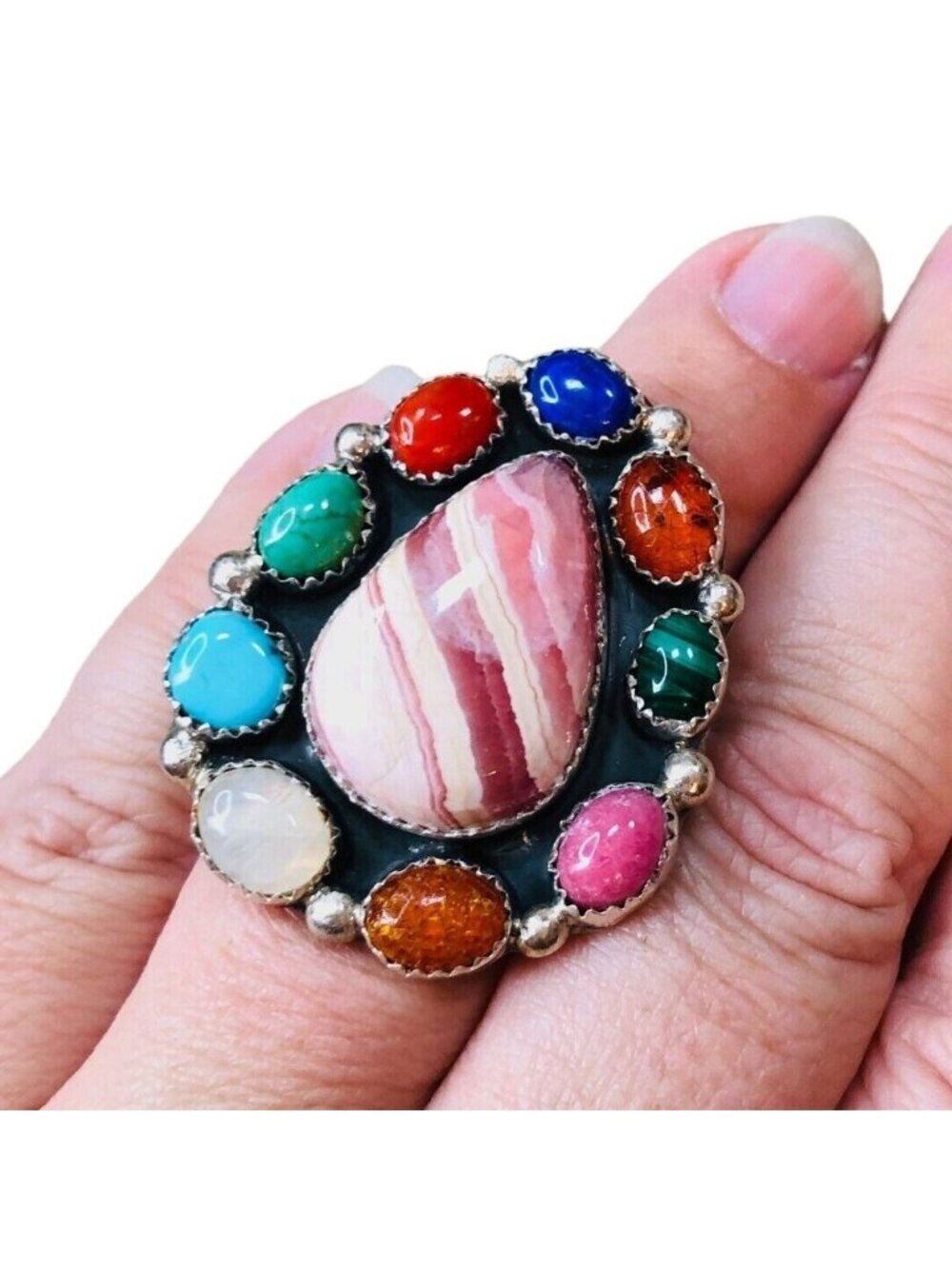 Multi Gemstone Rhodochrosite Turquoise Sterling Silver Ring Size 8 Statement